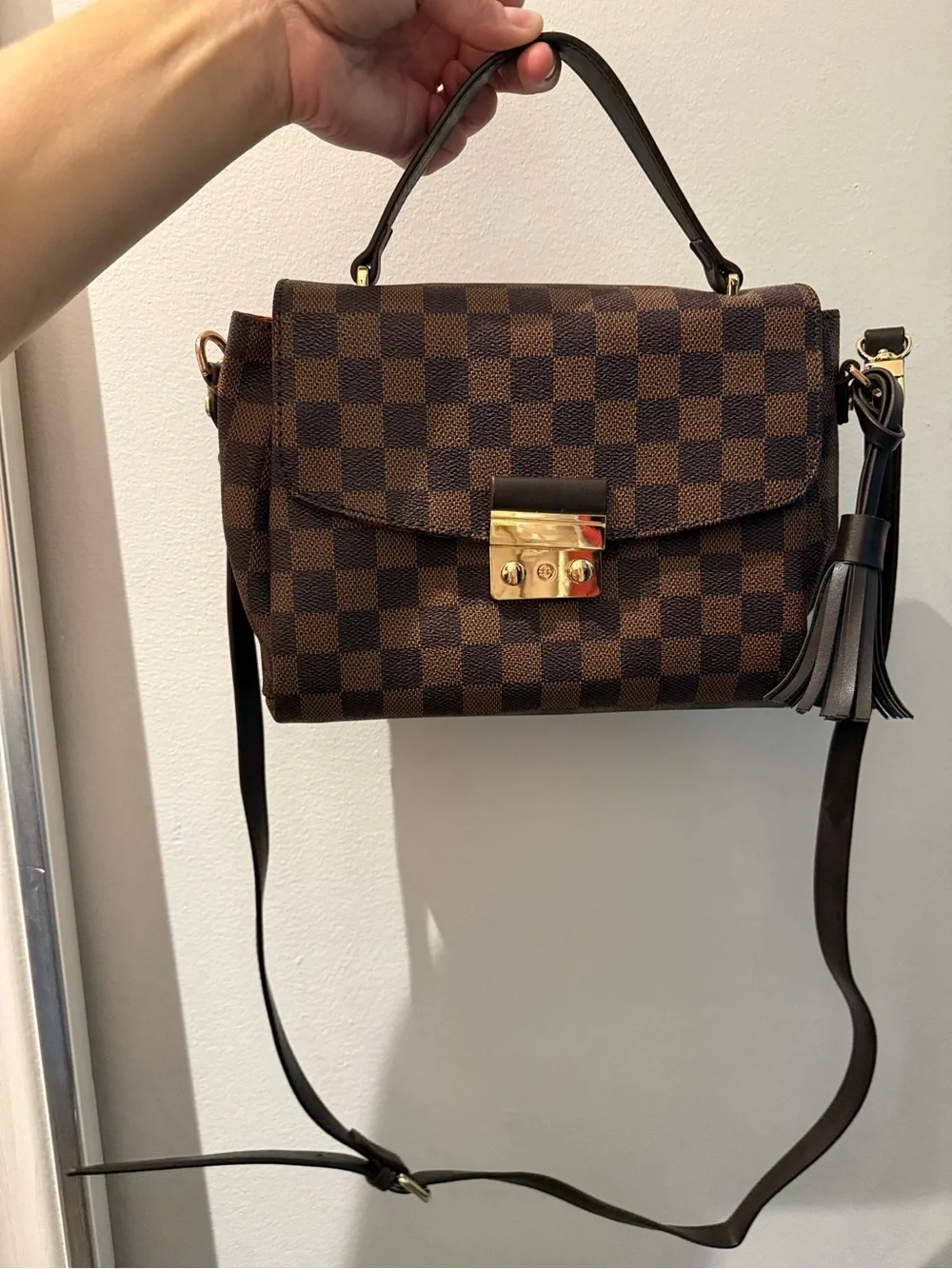 Designer-Style Brown Checkered Top-Handle Satchel with Tassel